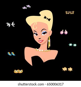 Beauty girl and jewelry set around her. Vector elements isolated on black