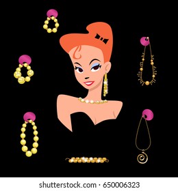 Beauty girl and jewelry set around her. Vector elements on black