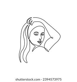  Beauty girl logo.
beautiful girl in one line. Profile of a beautiful girl   in a continuous line. A stroke of the pen. Linear style, graphics, minimalistic sketch drawn carelessly.