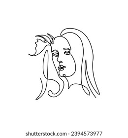  Beauty girl logo.
beautiful girl in one line. Profile of a beautiful girl   in a continuous line. A stroke of the pen. Linear style, graphics, minimalistic sketch drawn carelessly.