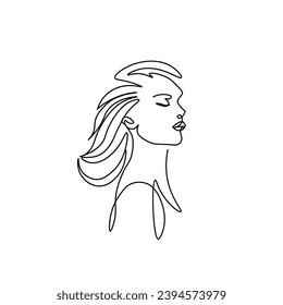 Beauty girl logo.
beautiful girl in one line. Profile of a beautiful girl   in a continuous line. A stroke of the pen. Linear style, graphics, minimalistic sketch drawn carelessly.