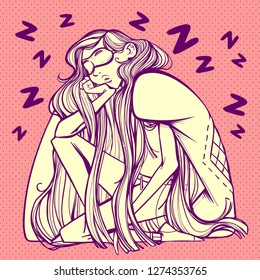 Beauty Girl With Long Curly Hair And Facemask. Girl Wrapped In A Blanket Is Sleeping And Resting Her Face With Her Hand. Pop Art Background. Vector Illustration.