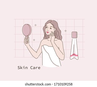 Beauty Girl Looking at Mirror in Bathroom and Touching her Face. Woman Take Care of her Face and Body Skin. Spa Procedures at Home. Skin Care and Hygiene Concept. Flat Cartoon Vector Illustration.