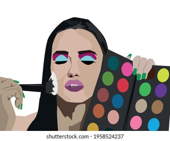 Beauty Girl with Makeup Brush. Natural Make-up for Brunette Woman. Beautiful Face. Applying Makeup illustration vector