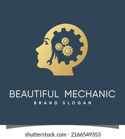 Beauty girl mechanic Logo with creative concept and design premium vector