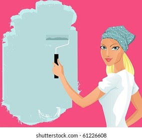 Beauty girl paints with roller. excellent for the layout of text