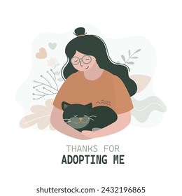 Beauty girl petting and hugging cat. Domestic animal and owner. Friendship with animals. Pet adoption. Pet owner and kitty, best friends feeling tenderness. flat vector illustration