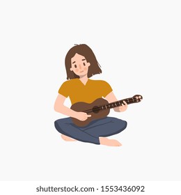  beauty girl playing musical instrument  guitar ukulele music with passion hand drawn