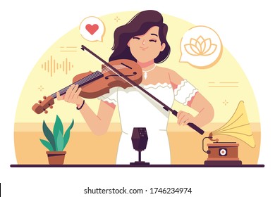 beauty girl playing violin flat design illustration