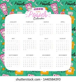 Beauty Girl Power skincare wall calendar. 2020 Yearly Planner with all Months. Good Organizer or Schedule. Trendy female illustration - organic cosmetic and motivational quotes. Vector background