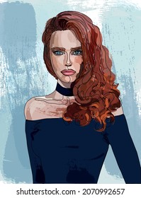 Beauty, girl with red hair, curly hair, fiery copper shade of hair, linear drawing, pictorial vector, blue eyes