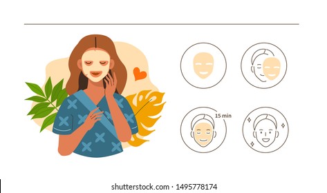 Chica de belleza cuida su cara y usa máscara facial. Mujer Adorable Que Hace Procedimientos De Cuidado De La Piel. Cuidados cutáneos Concepto rutinario, higiénico e hidratante. Dibujo plano Ilustración e Iconos.
