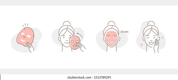 Beauty Girl Take Care of her Face and Use Facial Sheet Mask. Adorable Woman Making Skincare Procedures. Skin Care Routine, Hygiene and Moisturizing Concept. Flat Cartoon Illustration and Icons set.
