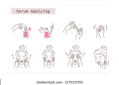 Beauty Girl Take Care of her Face and Applying Cosmetic Serum Oil. Woman Making Facial Massage by Lines. Skin Care Routine, Hygiene and Moisturizing Concept. Flat Vector Illustration and Icons set. - Shutterstock ID 1579137391