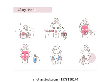 Beauty Girl Take Care of her Face and Use Facial Clay Mask. Woman Making Skincare Procedures. Skin Care Routine, Hygiene and Moisturizing Concept. Flat Cartoon Vector Illustration and Icons set.