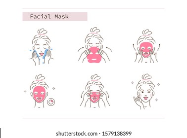 Beauty Girl Take Care of her Face and Applying Facial Sheet Mask. Woman Making Skincare Procedures. Skin Care Routine, Hygiene and Moisturizing Concept. Flat Line Vector  Illustration and Icons set.
