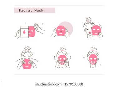 Beauty Girl Take Care of her Face and Use Facial Sheet Mask. Adorable Woman Making Skincare Procedures. Skin Care Routine, Hygiene and Moisturizing Concept. Flat Vector  Illustration and Icons set.
