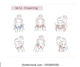 Beauty Girl Take Care Of Her Face And Use Cleansing Products For Skin. Skincare Procedures. Facial Cleaning, Moisturizing And Make Up Removing Concept. Flat Vector Illustration And Icons Set.