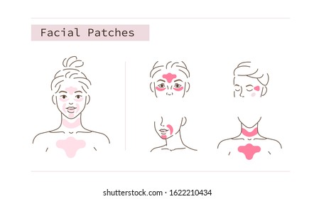 
Beauty Girl Take Care of her Face and Applying Facial Anti Wrinkle Patches. Woman Making Skincare Procedures. Skin Care Anti aging Routine. Flat Line Vector  Illustration and Icons set.