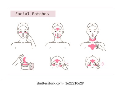 Beauty Girl Take Care of her Face and Applying Facial Anti Wrinkle Patches. Woman Making Skincare Procedures. Skin Care Anti aging Routine. Flat Line Vector  Illustration and Icons set.