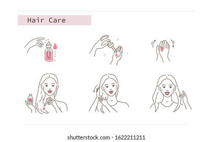 Beauty Girl Take Care Of Her Damaged Hair And Applying Treatment Oil. Woman Making Haircare Procedures.  Beauty Care Routine And Procedures. Flat Line Vector  Illustration And Icons Set.