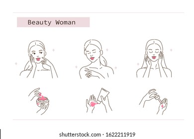 Beauty Girl Take Care Of Her Face And Body. Woman Applying Facial Serum Oil, Body Cream, Hand Cream. Skin Care Routine, Hygiene And Moisturizing Concept. Flat Vector Illustration And Icons Set.