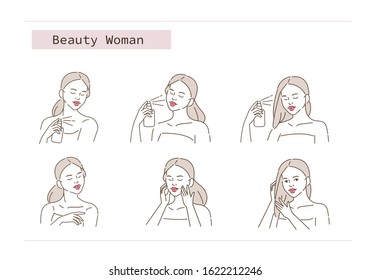 Beauty Girl Take Care of her Face, Body and Hair. Woman Applying Beauty Treatment Products. Skin Care Routine, Hygiene and Moisturizing Concept. Flat Vector Illustration and Icons set.