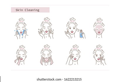 Beauty Girl Take Care of her Face and Use Cleansing Products for Skin. Skincare Procedures. Facial Cleaning, Mask, Moisturizing and Make Up Removing Concept. Flat Vector Illustration and Icons set.
