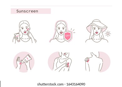 Beauty Girl Take Care of her Face, Body and Use Facial Sunscreen Cream with Spf Protection. Woman Applying Sunblock Product. Sun Protection Skincare. Flat Vector Illustration and Icons set.