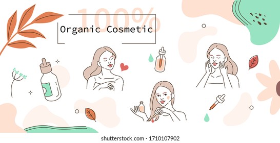Beauty Girl Take Care of her Face and Use Cosmetic Serum Oil. Woman Applying Organic Serum on Facial Skin, on Hairs and Body. Skin Care Routine. Flat Vector Illustration and Icons set.