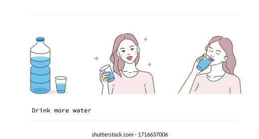 Beauty Girl Take Care of her Health and Drink More Water. Adorable Woman Drinking Water from Glass. Stay Hydrated and Healthy Lifestyle Concept. Flat Vector Illustration.