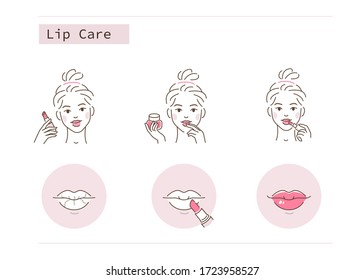 Beauty Girl Take Care Of Her Lips And Use Lipstick And Lip Balsam Against Dry And Cracked Lips. Woman Applying Lip Balm With Fingers. Flat Vector Illustration And Icons Set.
