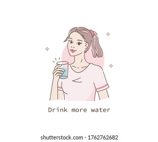 Beauty Girl Take Care of her Health and Drink More Water. Adorable Woman Drinking Water from Glass. Stay Hydrated and Healthy Lifestyle Concept. Flat Vector Illustration and Icons set.