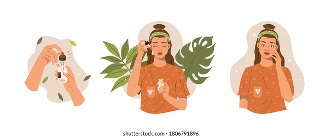 Beauty Girl Take Care of her Face and Applying Cosmetic Serum Oil. Woman Making Facial Massage by Lines. Skin Care Routine, Hygiene and Moisturizing Concept. Flat Vector Illustration and Icons set. - Shutterstock ID 1806791896