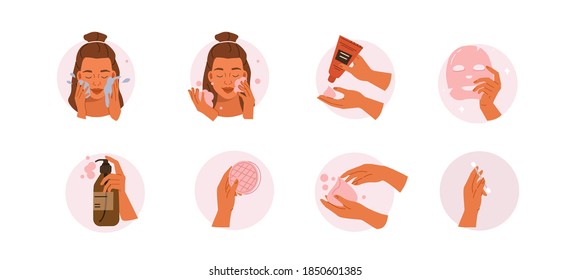 Beauty Girl Take Care of her Face and Use Cleansing Products for Skin. Facial Cleaning, Mask, Moisturizing and Make Up Removing Skincare Procedures. Flat Vector Illustration and Icons set.