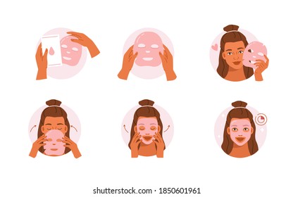 Beauty Girl Take Care of her Face and Applying Facial Sheet Mask. Woman Making Skincare Procedures. Skin Care Routine, Hygiene and Moisturizing Concept. Flat Cartoon Vector  Illustration and Icons.