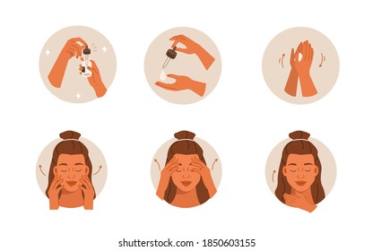 Beauty Girl Take Care of her Face and Applying Cosmetic Serum Oil. Woman Making Facial Massage by Lines. Skin Care Routine, Hygiene and Moisturizing Concept. Flat Vector Illustration and Icons set.