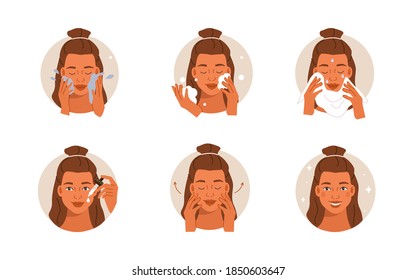 Beauty Girl Take Care of her Face and Use Cleansing Products for Skin. Facial Cleaning, Serum Applying, Massaging and Make Up Removing Skincare Procedures. Flat Vector Illustration and Icons set.