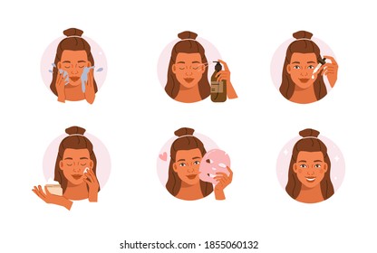 Beauty Girl Take Care of her Face and Use Facial Beauty Products. Woman Making Skincare Procedures. Skin Care Routine, Hygiene and Moisturizing Concept. Flat Cartoon Vector Illustration and Icons.
a