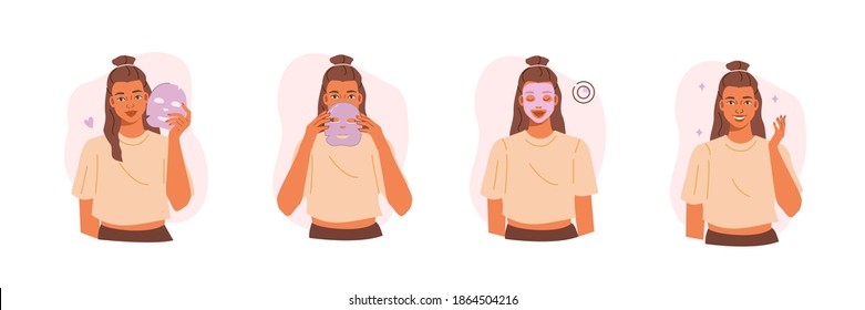 Chica de Belleza cuida su cara y aplica máscara facial. Las Mujeres Que Hacen Procedimientos De Cuidados De Esquina. Cuidados cutáneos Rutina, Higiene y Concepto de Humedad. Ilustración de vectores de dibujos planos e iconos.