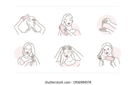 Beauty Girl Take Care of her Damaged Hair and Applying Treatment Oil on Hair Roots and Tips. Woman Making Haircare Procedures.  Beauty Haircare Routine. Flat Line Vector Illustration and Icons set.

