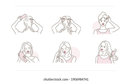 
Beauty Girl Take Care of her Hair and Applying Treatment Products. Woman Washing, Drying Hair with Towel and Hairdryer.  Beauty Haircare Routine. Flat Line Vector  Illustration and Icons set.
