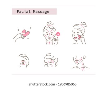 Beauty Girl Take Care of her Face and Use Facial Jade Stone for Gua Sha Massage. Woman Making Skincare Procedures. Skin Care Facial Massage and Relaxation Concept. Flat Vector Illustration and Icons.
