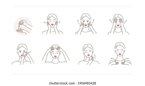 
Beauty Girl Take Care of her Face and Applying Cosmetic Serum Oil. Woman Making Facial Massage by Lines. Skin Care Routine, Hygiene and Moisturizing Concept. Flat Vector Illustration and Icons set.
 - Shutterstock ID 1906985428