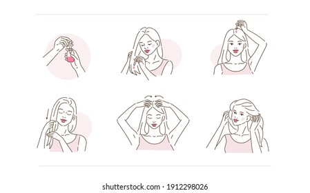 Beauty Girl Take Care of her Damaged Hair and Applying Treatment Serum on Hair Roots and Tips. Woman Making Haircare Procedures.  Beauty Haircare Routine. Flat Line Vector Illustration and Icons set.