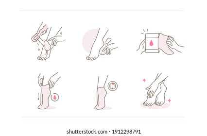 Beauty Girl Take Care of her Feet and Applying Foot Peel or Moisturizing Mask. Foot Care and Pedicure Concept. Flat Line Vector Illustration and Icons set.
