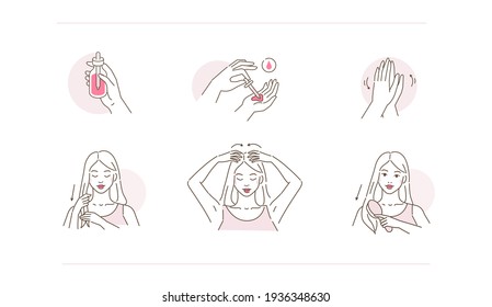 
Beauty Girl Take Care of her Damaged Hair and Applying Treatment Oil on Hair Roots and Tips. Woman Making Haircare Procedures.  Beauty Haircare Routine. Flat Line Vector Illustration and Icons set.