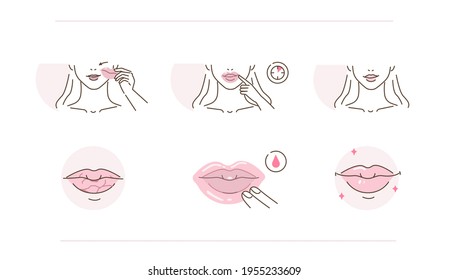 Niña de Belleza se encarga de su piel de labios y aplica una máscara hidratante de labio. Instrucciones de uso y aplicación de la máscara de labios hidratantes. Ilustración de vectores de línea plana y conjunto de iconos.
