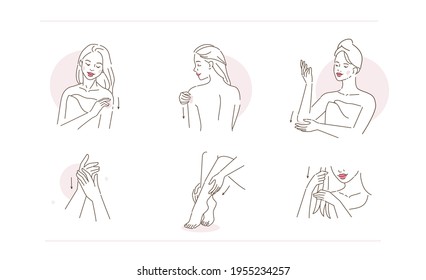 Beauty Girl Take Care of her Body, Hands, Legs and Hair. Woman Applying Beauty Treatment Products. Skin Care Routine, Hygiene and Moisturizing Concept. Flat Vector Illustration and Icons set. - Shutterstock ID 1955234257