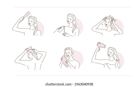 Beauty Girl Take Care of her Hair. Instruction How to Wash Hair Properly. Woman Washing, Drying Hair with Towel and Hairdryer.  Beauty Haircare Routine. Flat Line Vector  Illustration and Icons set.
